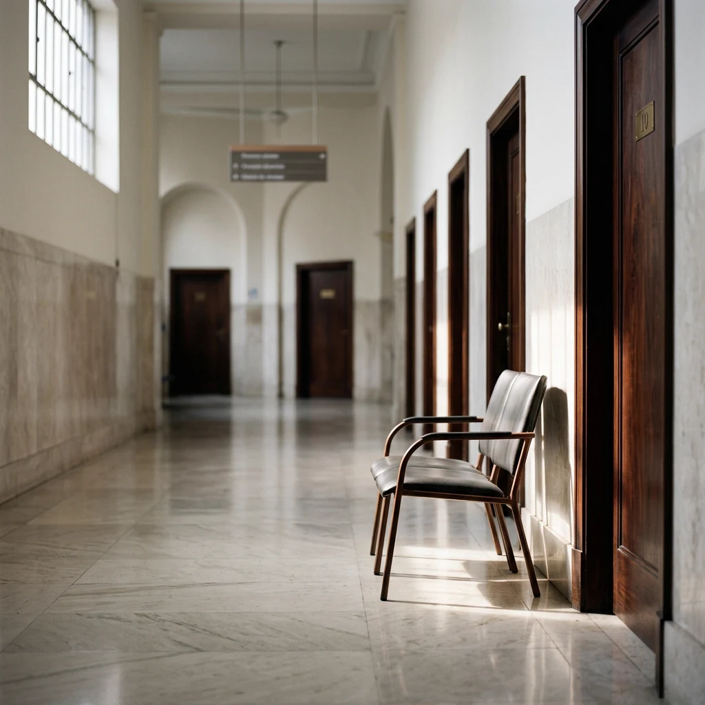 Corredor de tribunal com cadeira de espera, representando a audiência de custódia